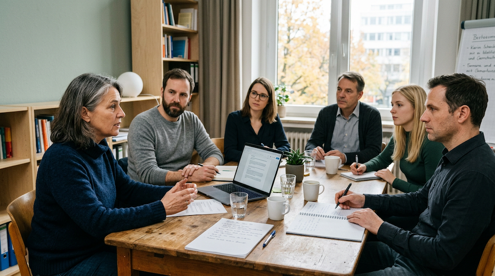Team hört einer sprechenden Person aufmerksam zu, Sinnbild für psychologische Sicherheit im Team
