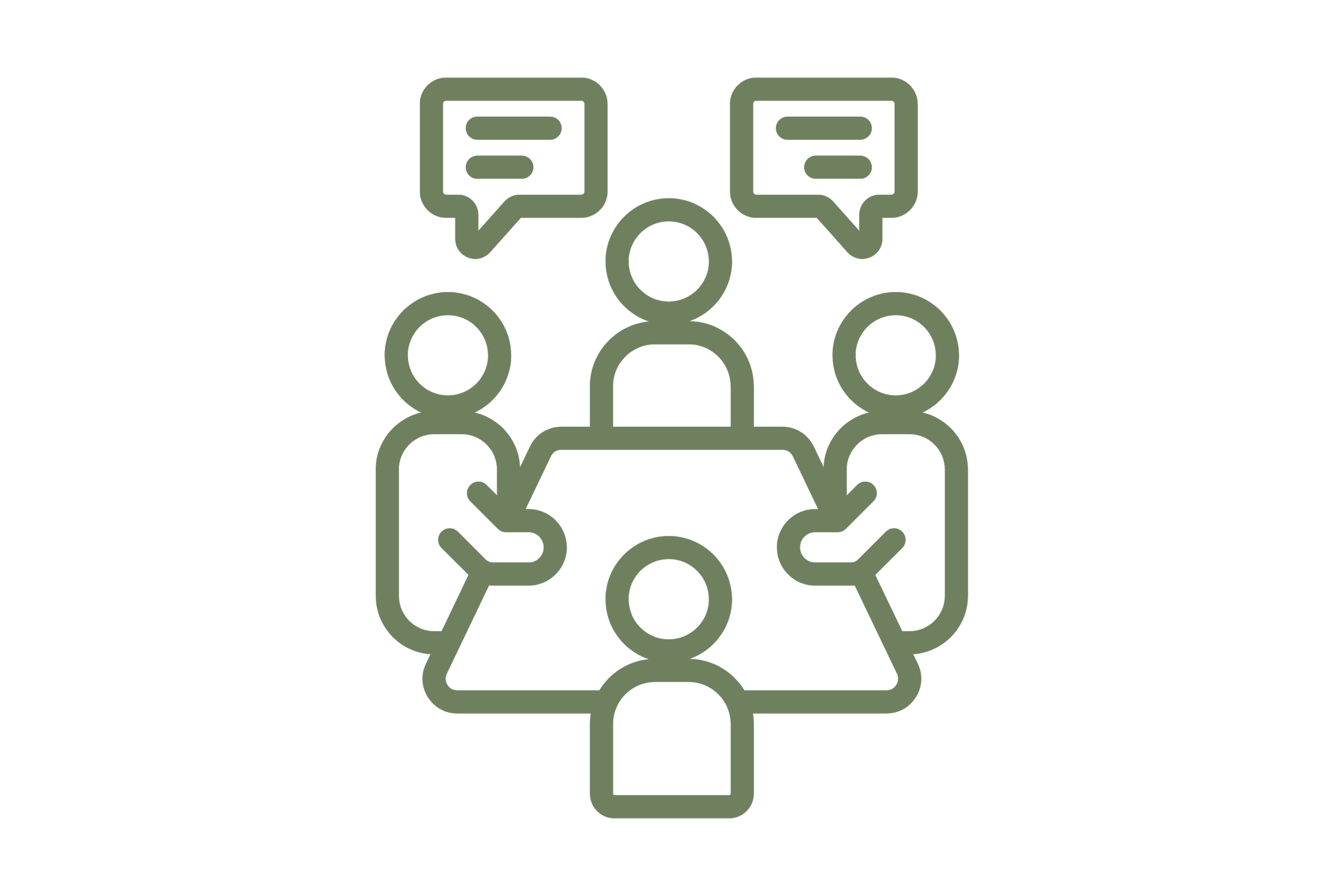 Eine Illustration einer Gruppenbesprechung mit fünf Personen um einen Tisch, zwei sprechen in Sprechblasen.