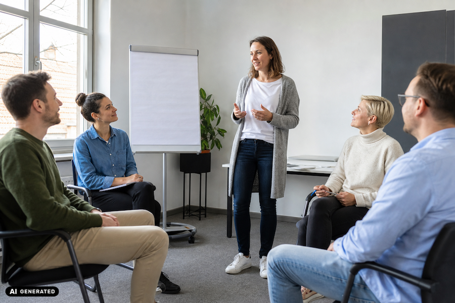Kleine Trainingsgruppe im Halbkreis während einer Übung, Sinnbild für die Auswahl eines passenden Trainers