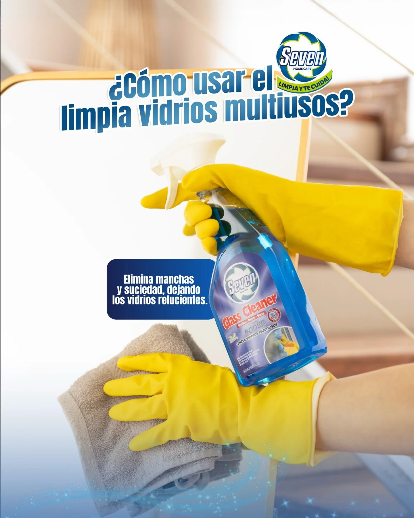 Brillo que se nota desde el primer paso ✨Con el Limpia Vidrios Multiusos Seven solo necesitas rociar, pasar un pa&ntilde;o y listo 🧼💙
Di adi&oacute;s a las manchas, la suciedad y a los vidrios opacos 🪟✨

Perfecto para vidrios, espejos y ventanas.
