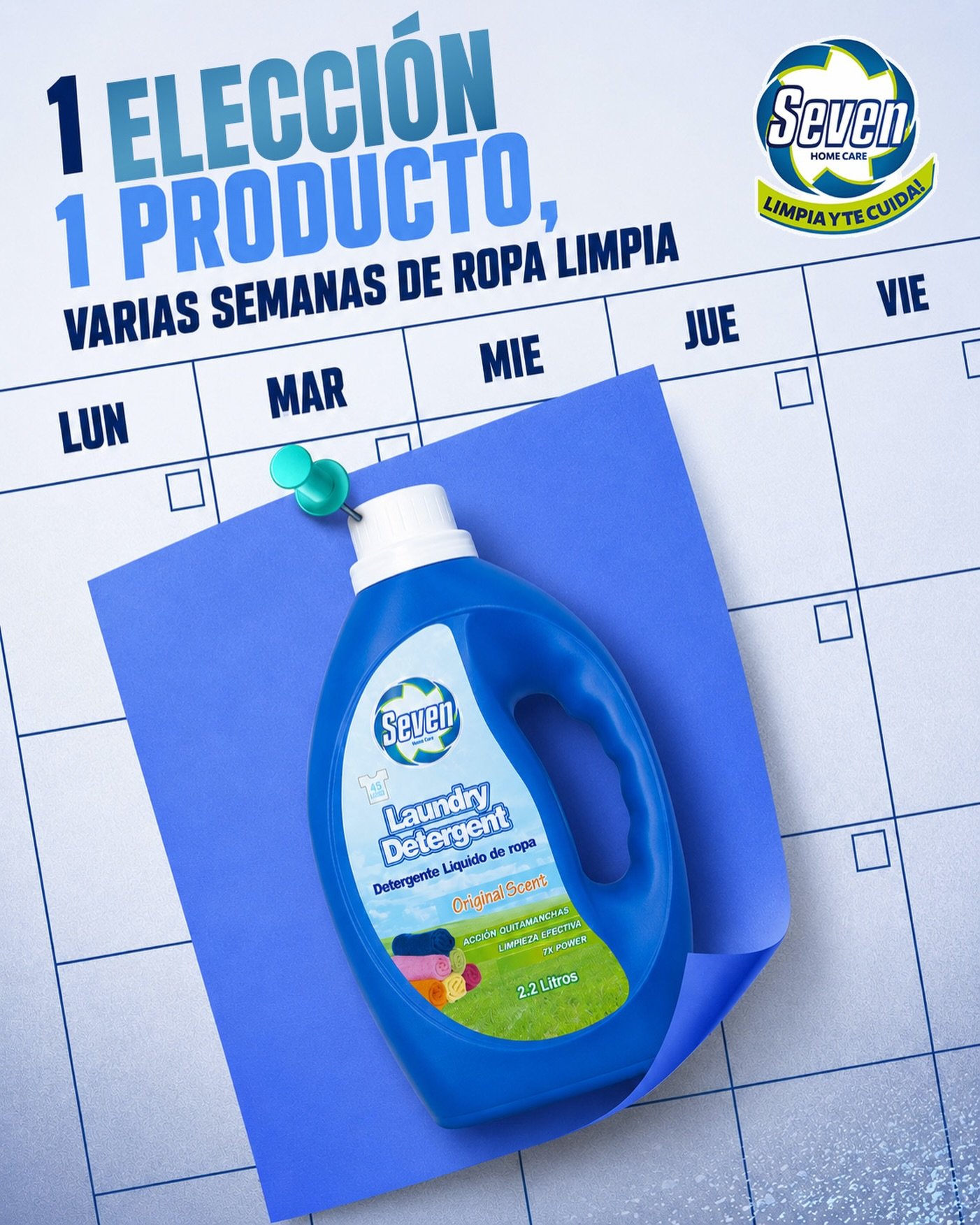 Olv&iacute;date de preocuparte por el detergente a cada momento. Con Seven Laundry Detergent, una sola compra te brinda el poder de mantener tu ropa limpia, fresca y lista para cada d&iacute;a. 💙