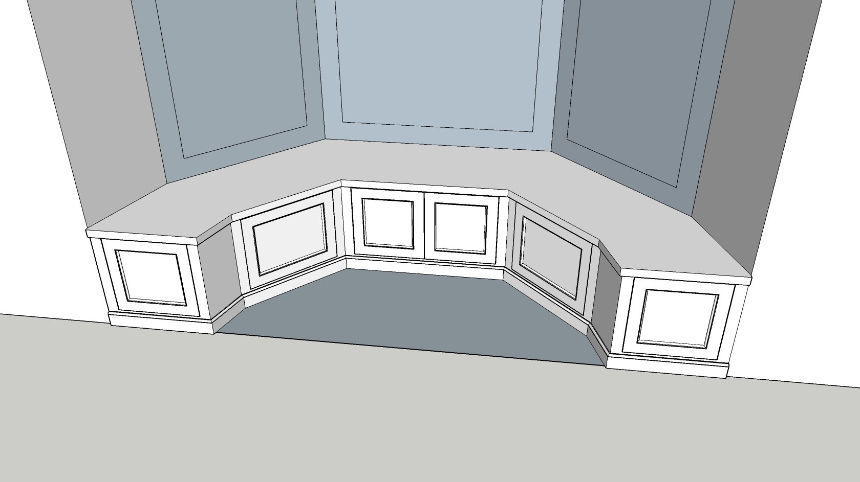 A 3D computer-aided design rendering of a corner kitchen cabinet setup with decorative molding and three cabinet doors on each side, positioned under a set of three windows.