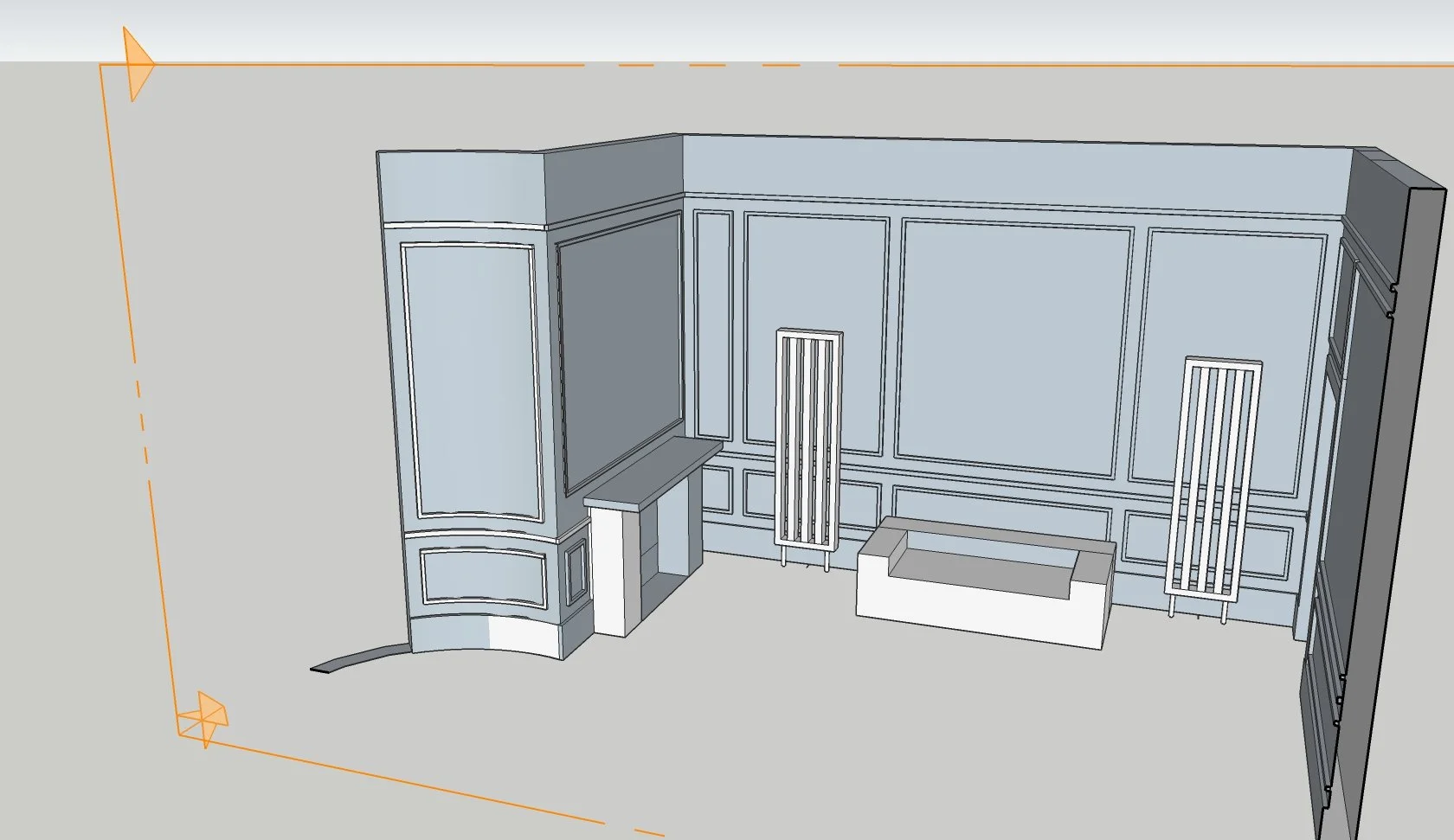 3D architectural model of an interior wall with paneling, a window, and heating radiators