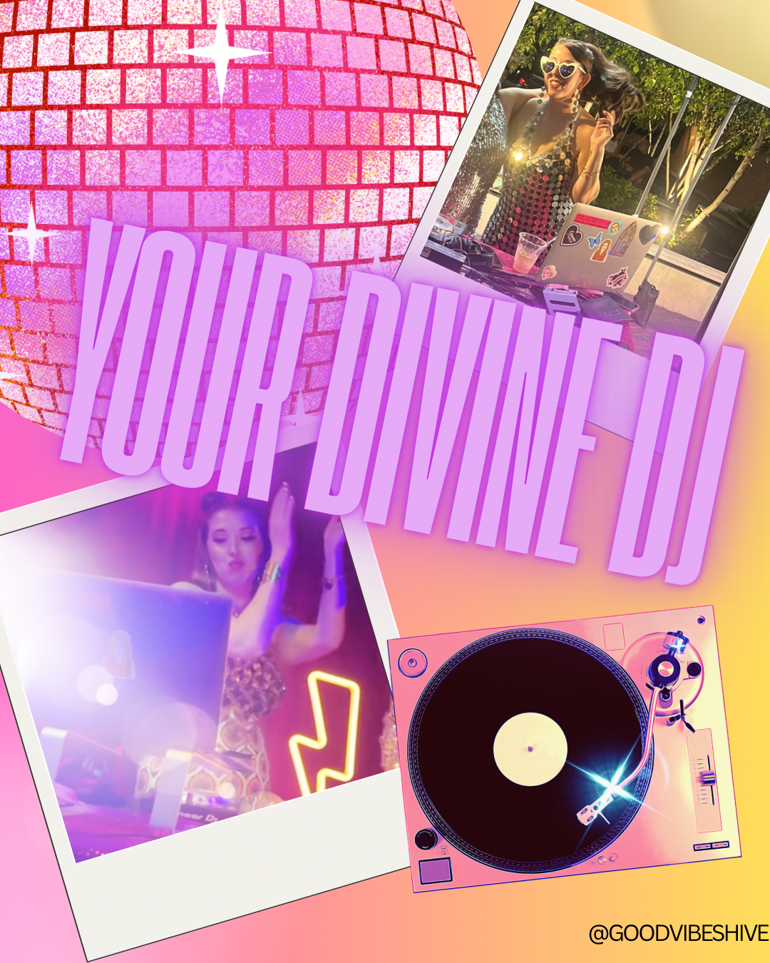 Collage of images featuring a woman DJ at an outdoor event with a laptop, a woman dancing and DJ equipment, and a pink disco ball with the text 'YOUR DIME DJ' in large purple letters.