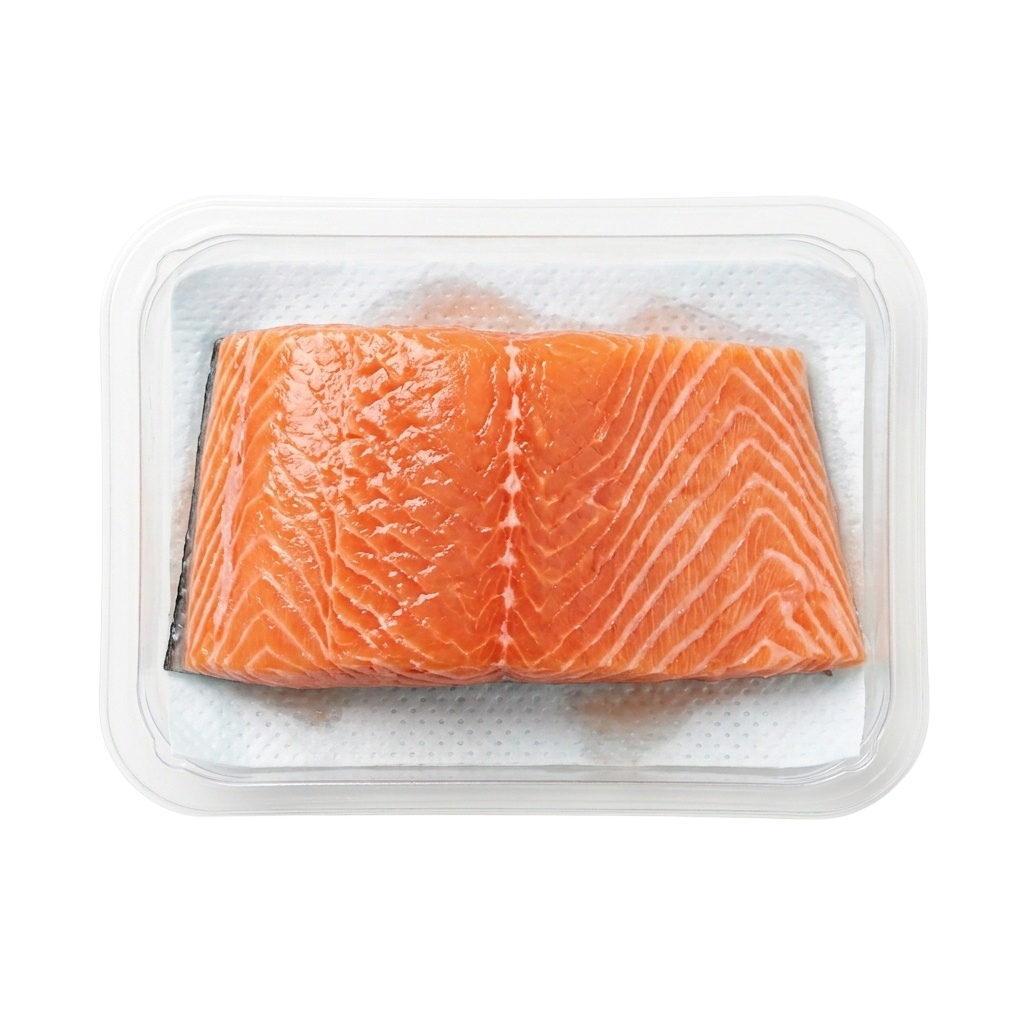Fresh salmon fillets in a thermoformed foam tray — AB Technology seafood packaging automation