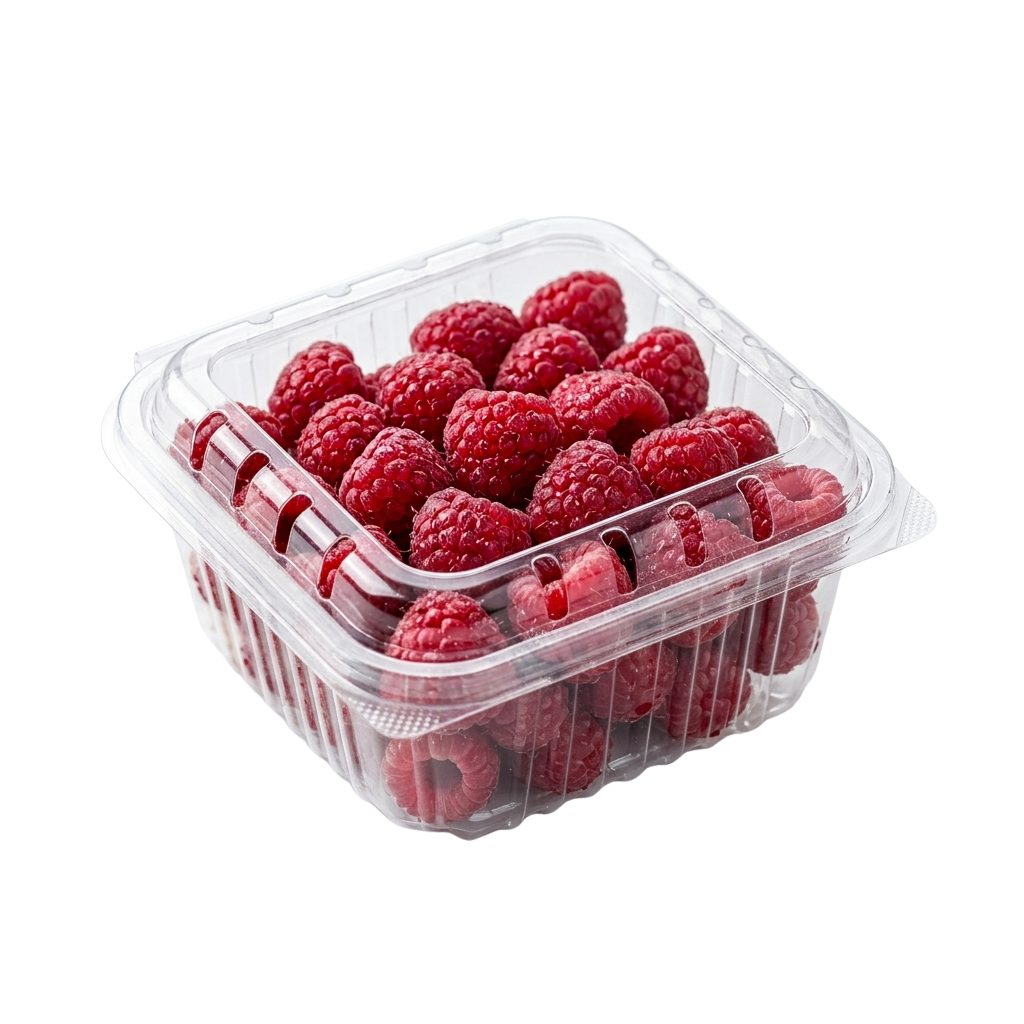 Fresh raspberries in a clear thermoformed clamshell package — AB Technology produce packaging automation