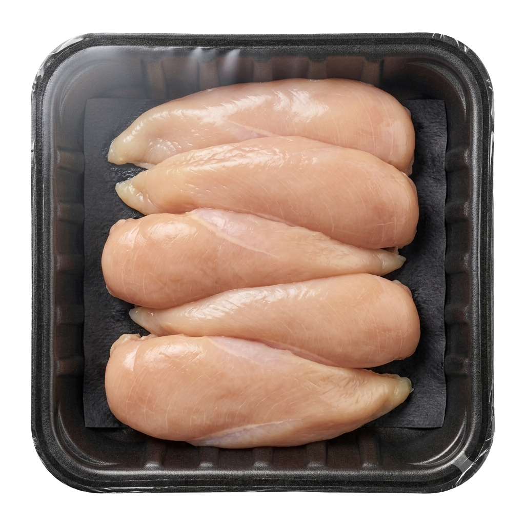 Chicken breast in a black thermoformed foam tray — AB Technology protein packaging automation
