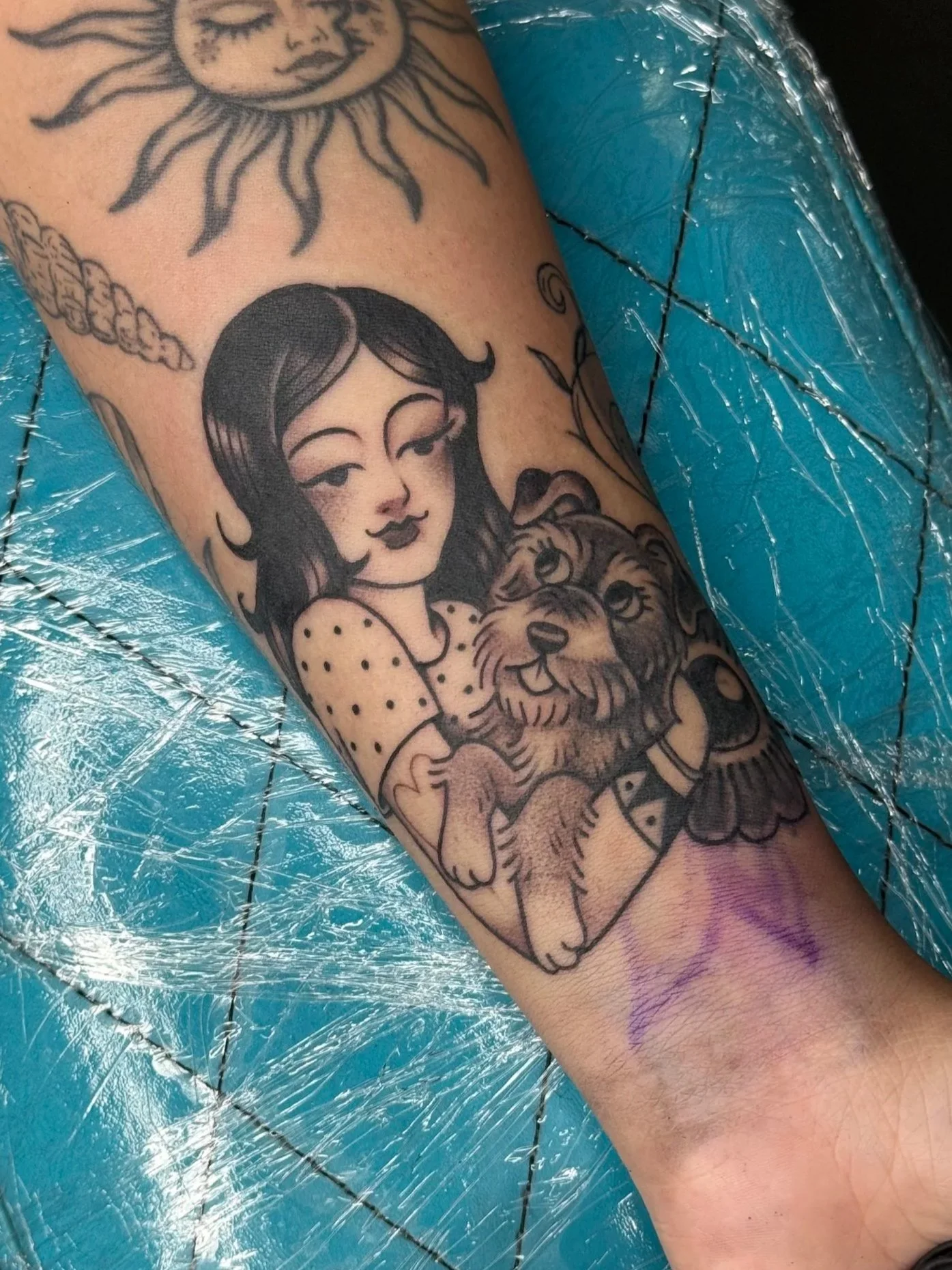 Pet portrait tattoo by Lauren Skinker at Lucky Cat Tattoo in San Diego, voted best tattoo artist and best tattoo shop 2026