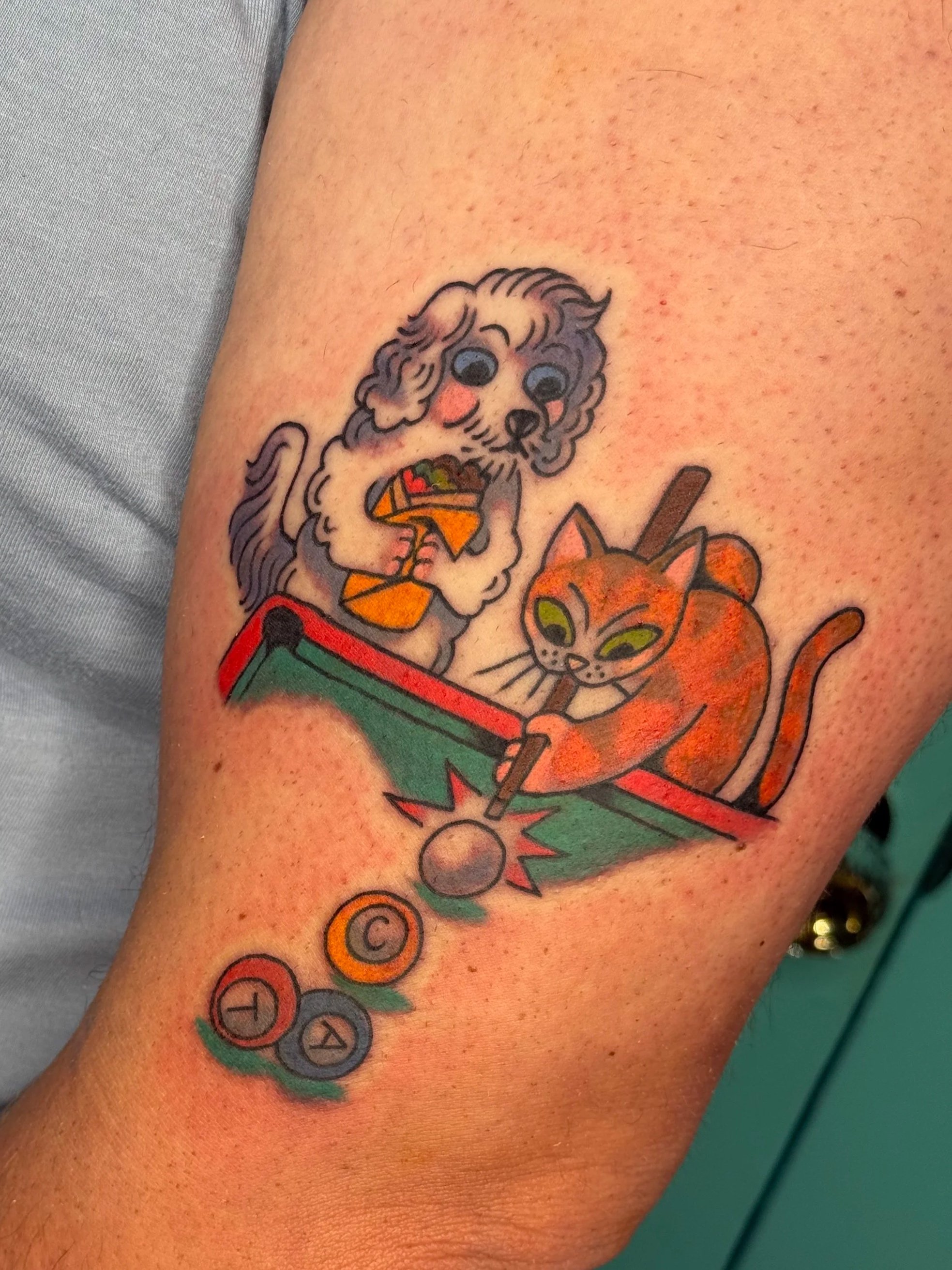 Pool cat tattoo by Woman tattoo artist in San Diego Lauren Skinker