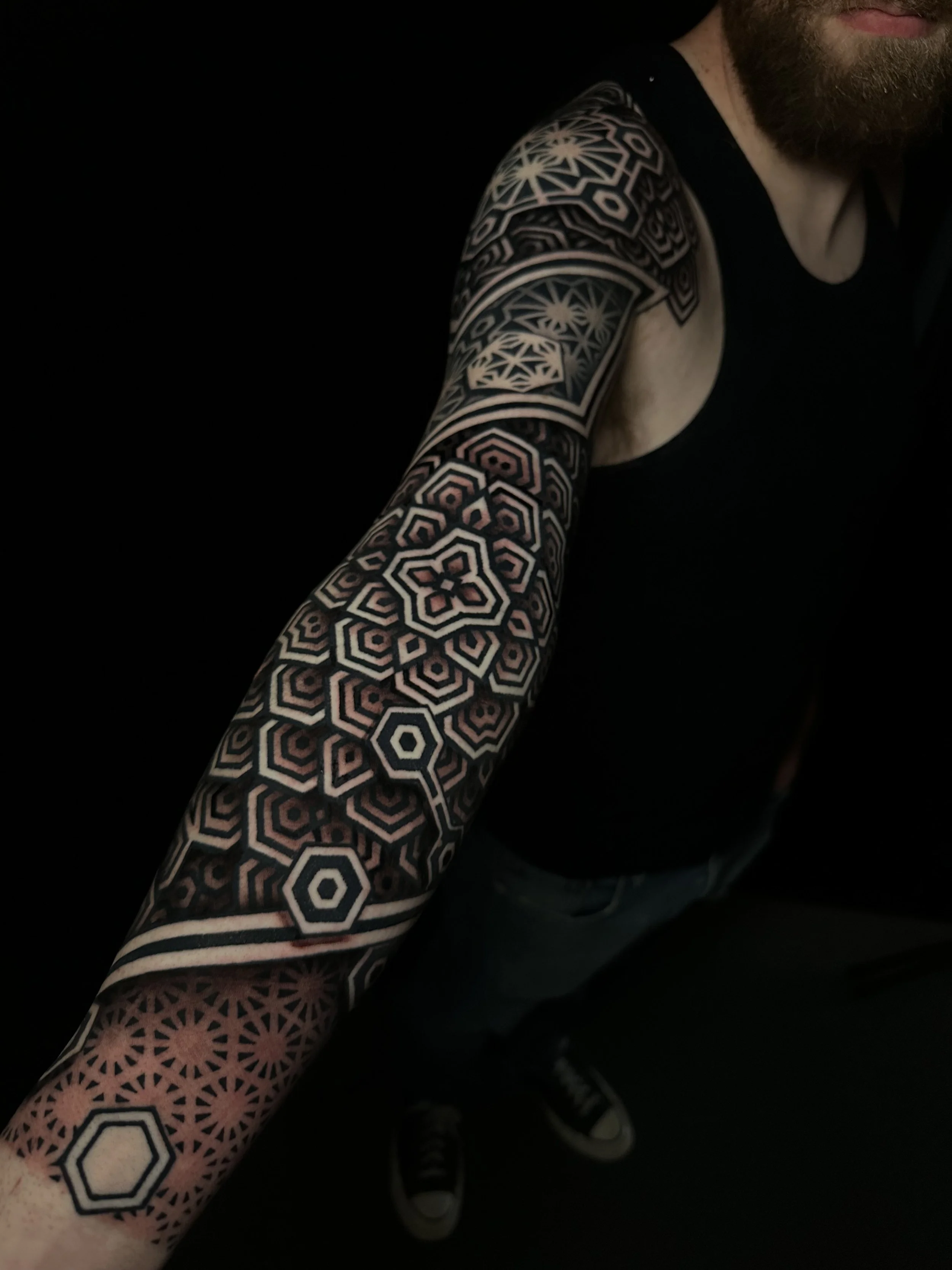 Geometric and Black and Grey realism tattoos by Emily Paul, @emilypaularts at Lucky Cat Tattoo in North Park, Woman owned tattoo studio in San Diego, CA