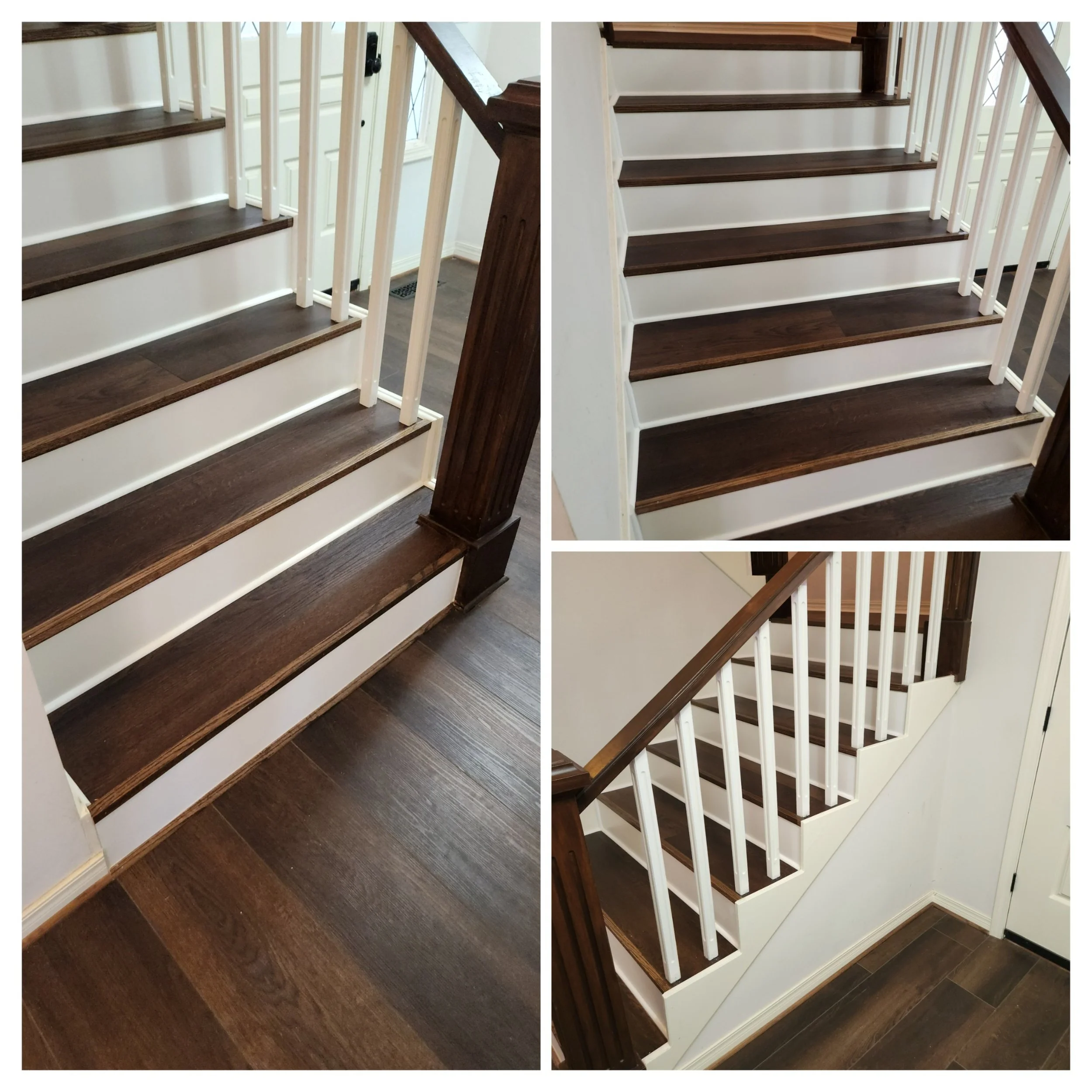 Completed staircase and hallway renovation with dark stained treads, white risers, custom railing and updated flooring