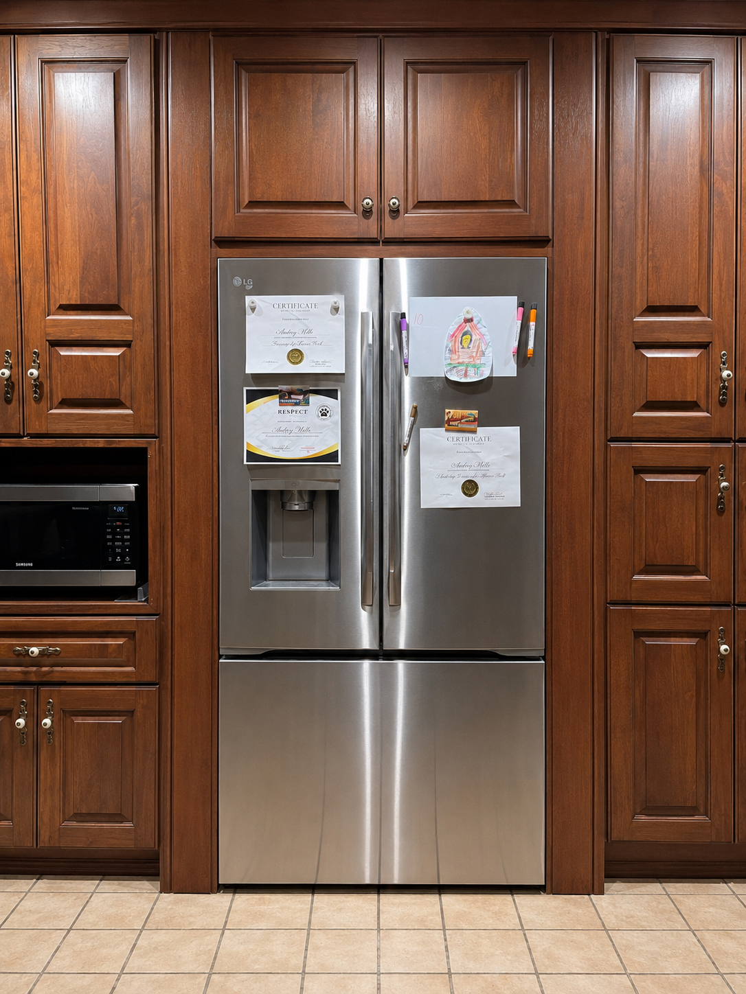 Custom stained wood refrigerator surround with built-in cabinetry and finished panels