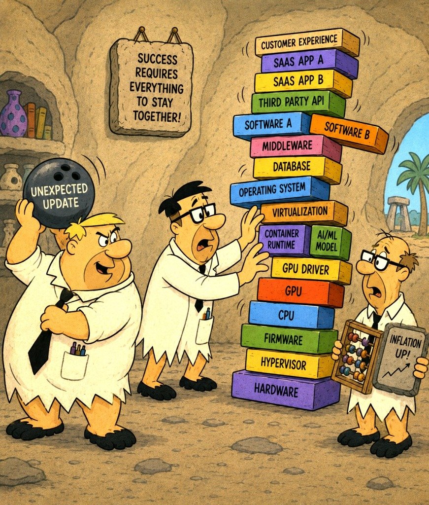 Cartoon illustration of an unstable stone-age retail testing software stack, symbolising the cost, delays and complexity of traditional planogram, virtual store and shopper testing workflows.