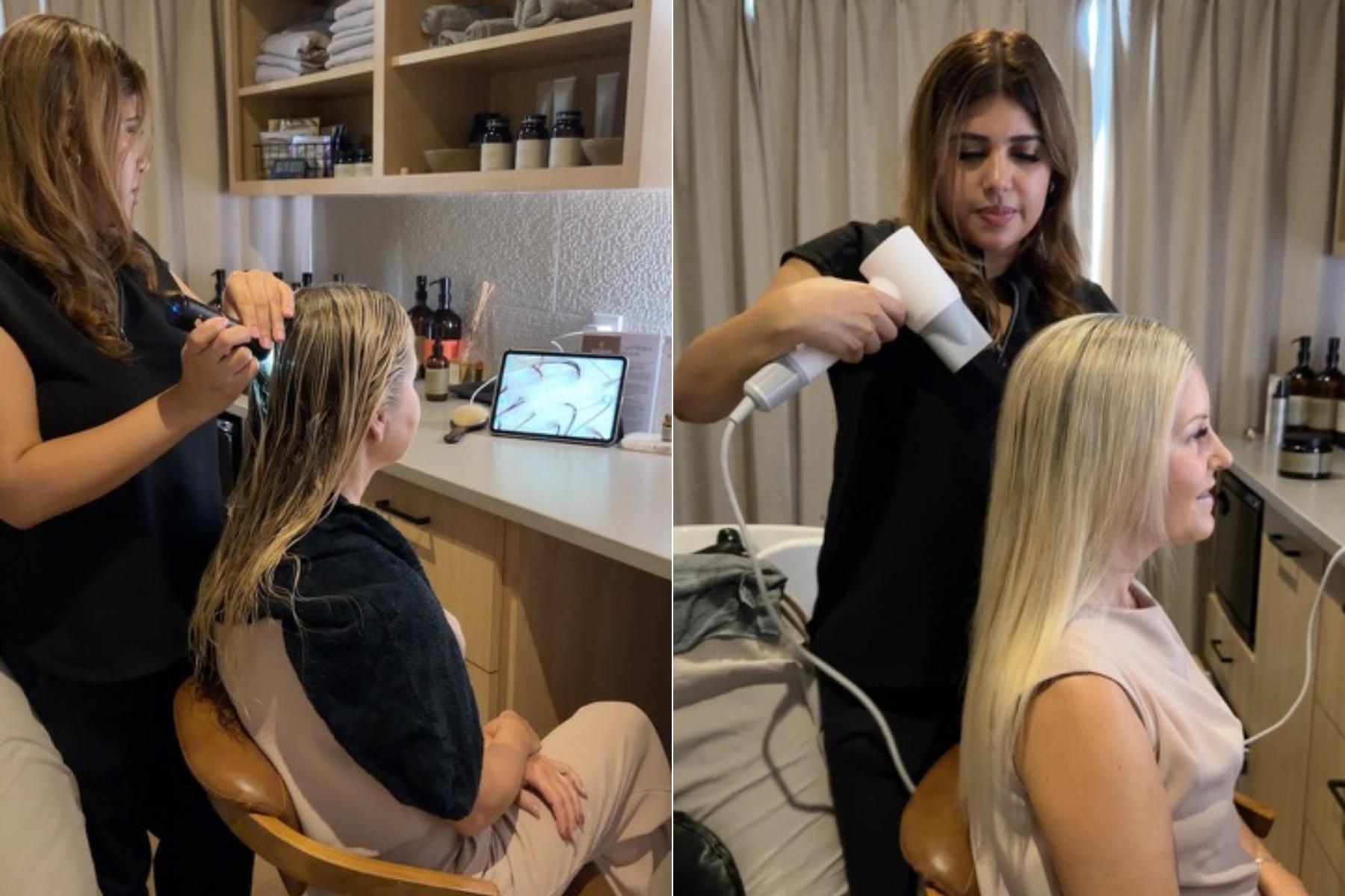 Woman looking at trichoscope results with Treatment Specialist after head spa appointment