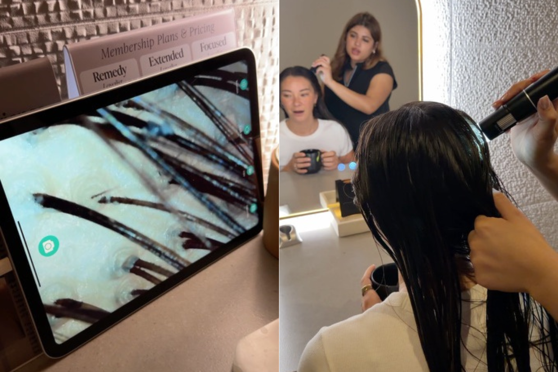 Woman looking at trichoscope results after head spa appointment with Treatment Specialist