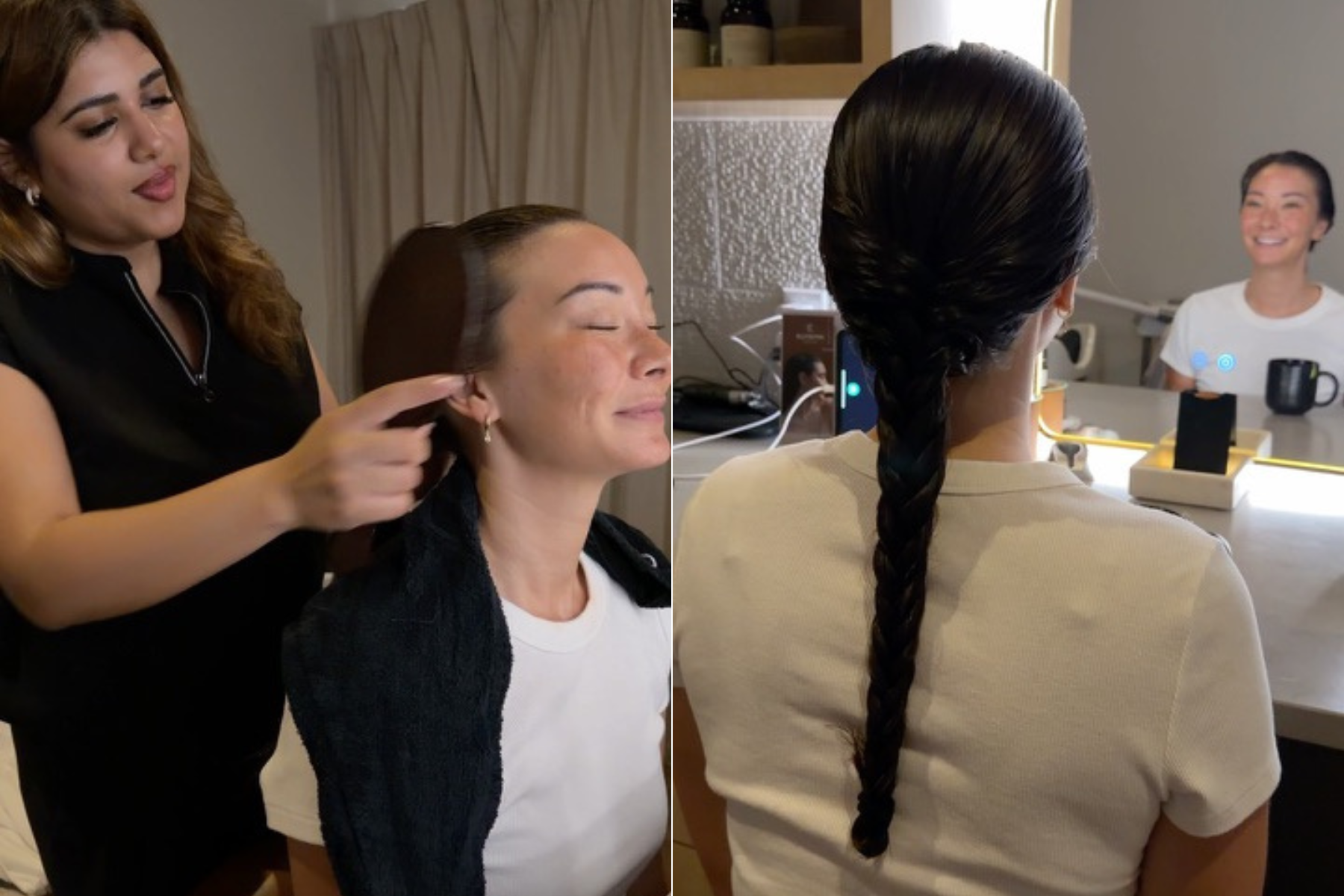 Woman receiving finishing braid after head spa appointment