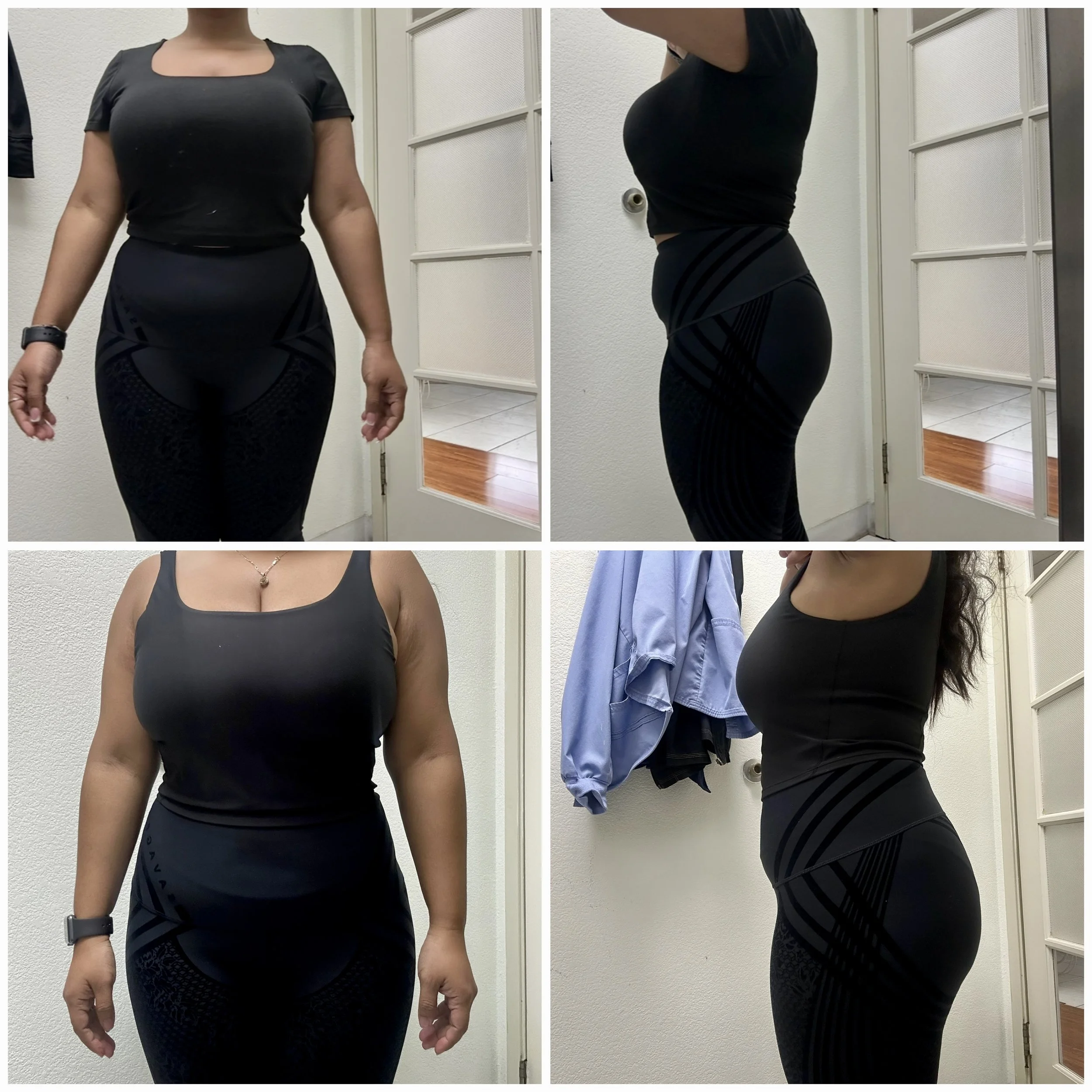 A woman wearing black athletic clothing taking front and side profile photos in a room with white walls and wooden floors, showing her body from chest to hips.