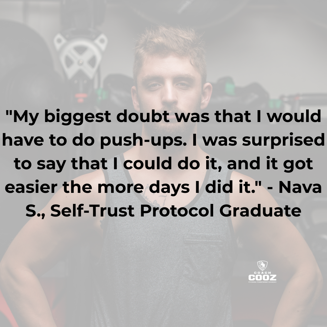 Coach Cooz standing in a gym, wearing a sleeveless workout shirt, with gym equipment in the background, along with a motivational quote about doing push-ups.