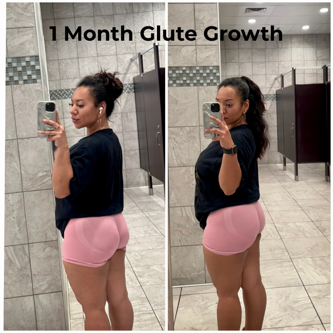 Side-by-side mirror selfies of a woman showing her glute growth after one month.