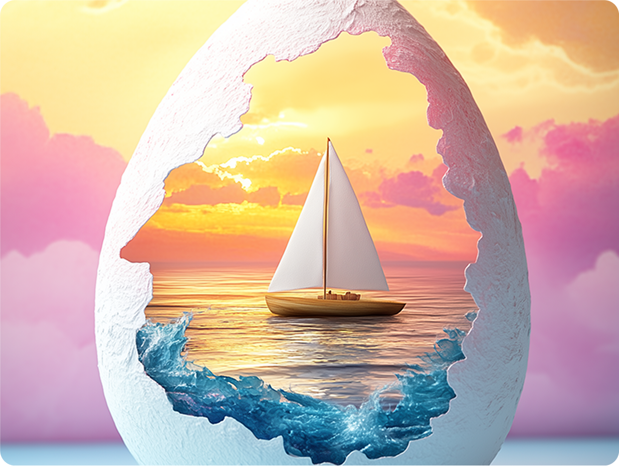 A sailboat on a serene ocean with a sunset, viewed through a cracked eggshell, surrounded by clouds.