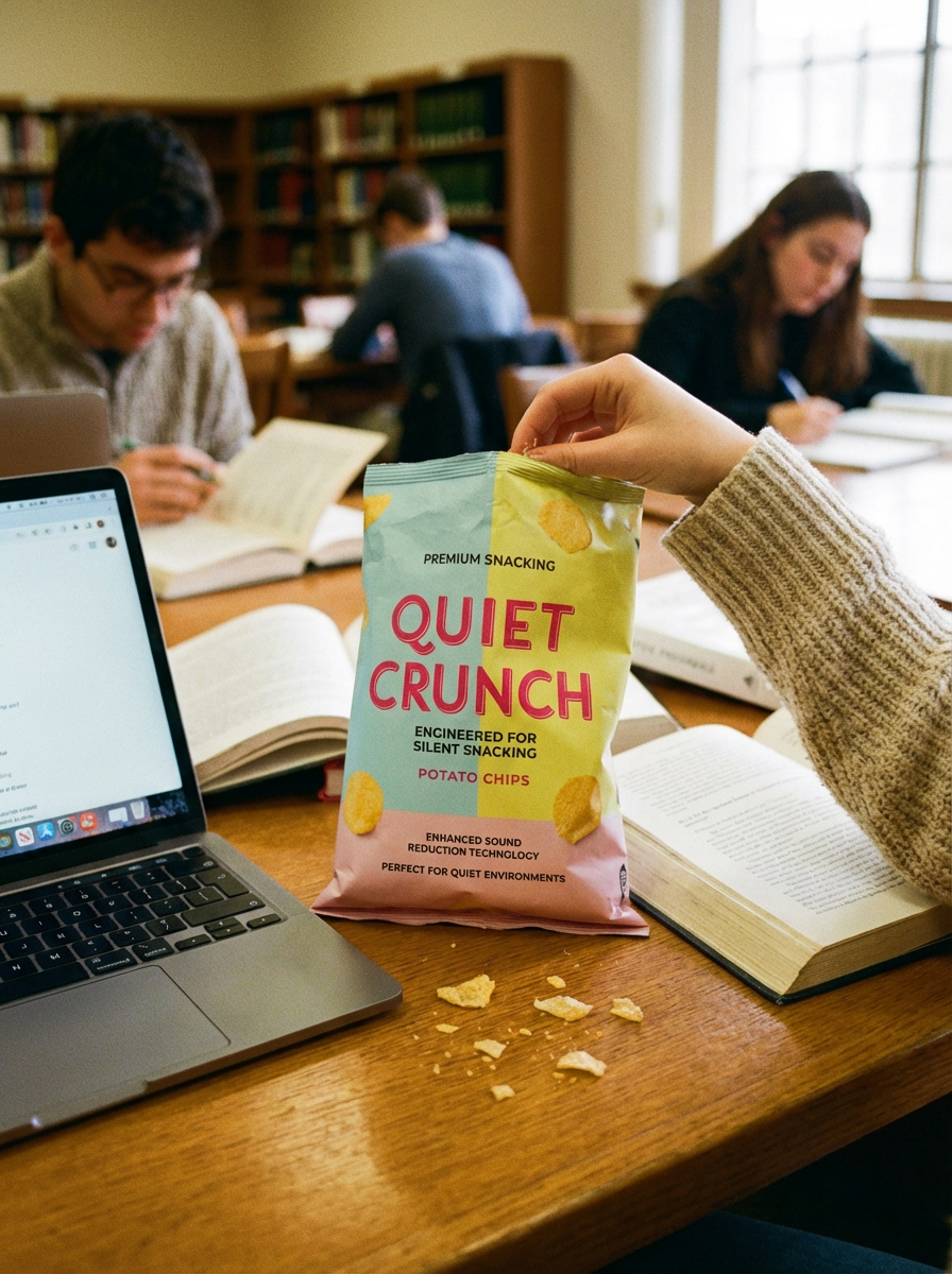 Hand holding a bag of Quiet Crunch potato chips at a library table with students studying, open books, a laptop, and scattered chips.
