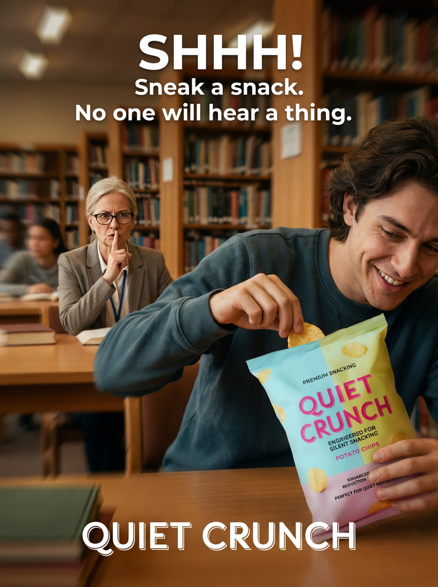 A young man opening a bag of Quiet Crunch potato chips in a library, with an older woman in the background holding her finger to her lips in a shushing gesture. The image has the text "SHHH! Sneak a snack. No one will hear a thing." and "QUIET CRUNCH