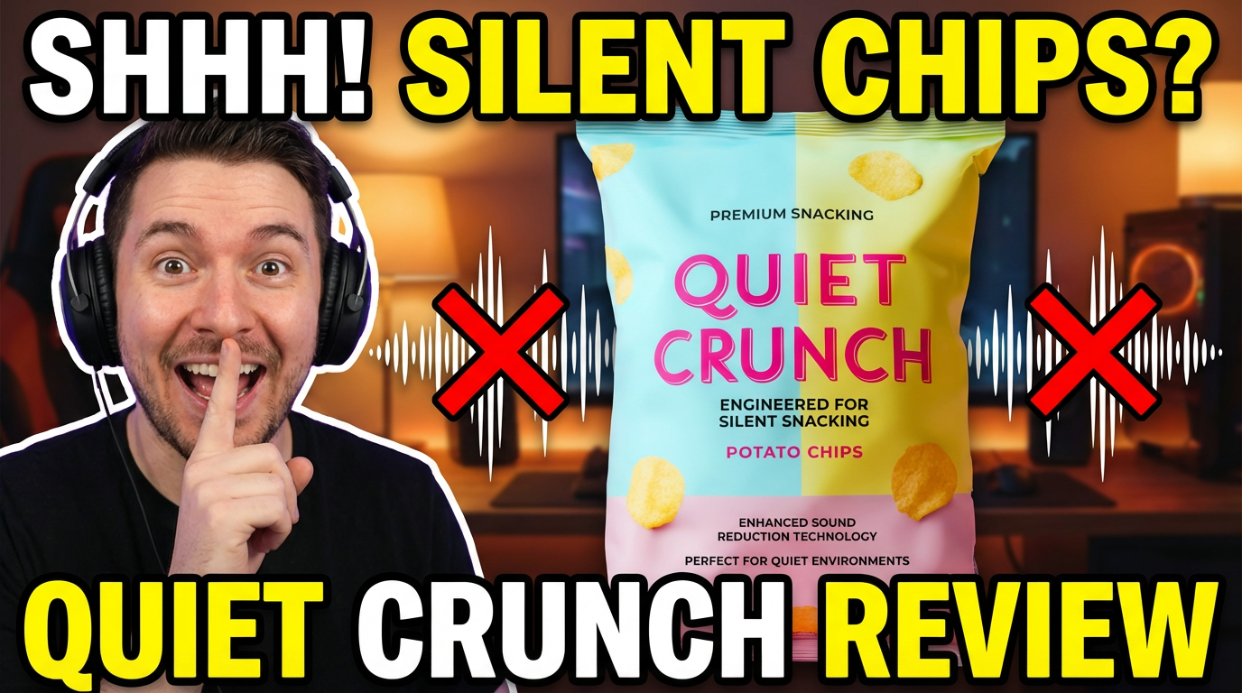 Thumbnail for a video review about the snack 'Quiet Crunch' potato chips, with a man wearing headphones holding a finger to his lips in a secretive gesture, and a bag of chips in the center. Text on the image says: "SHHH! SILENT CHIPS?" and "QUIET CR