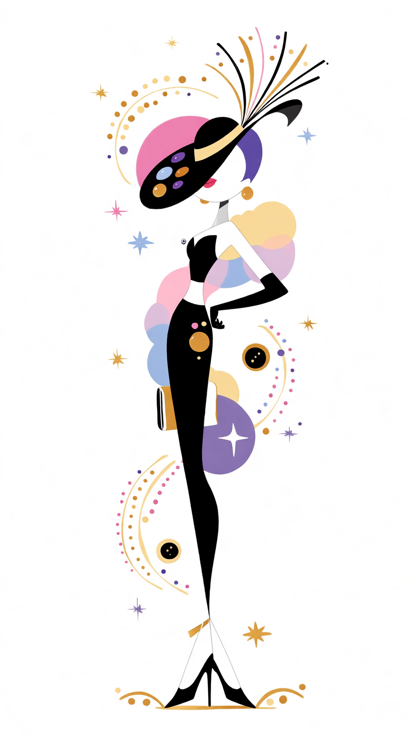 Stylized illustration of a woman wearing a black dress and high heels, with abstract colorful shapes and star-like patterns around her, and a large hat with paint palette motifs.