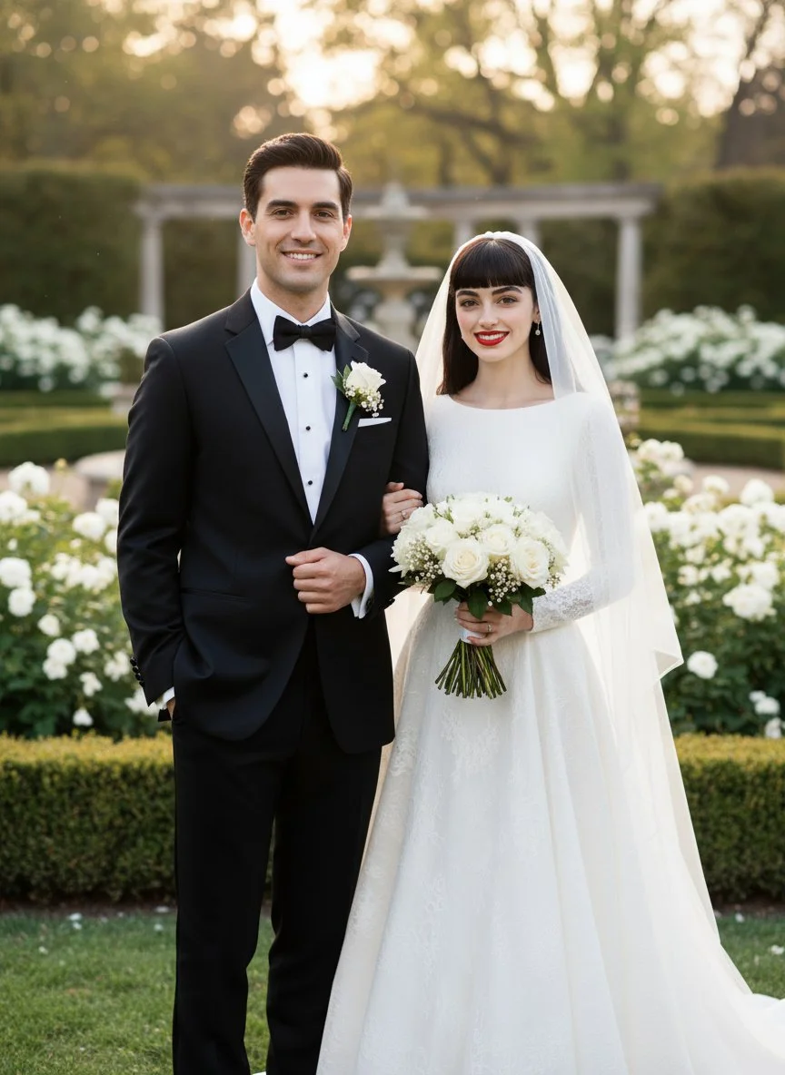 A smiling bride and groom standing outdoors in front of a fountain and floral garden, dressed in wedding attire. The groom wears a black tuxedo with a bow tie, and the bride holds a bouquet of white roses.
