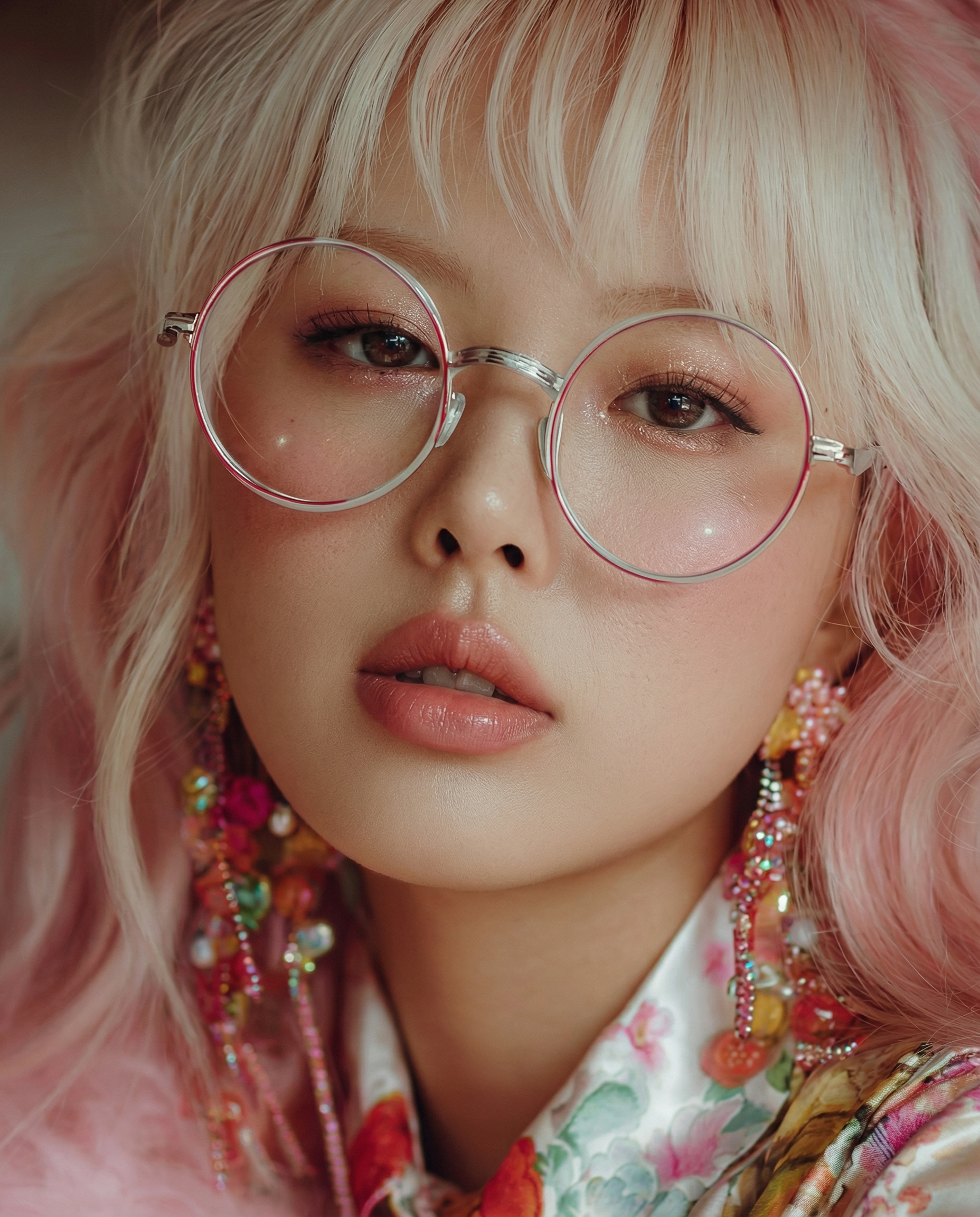 Close-up of a woman with pink hair, wearing round glasses, colorful earrings, and a floral-patterned top.