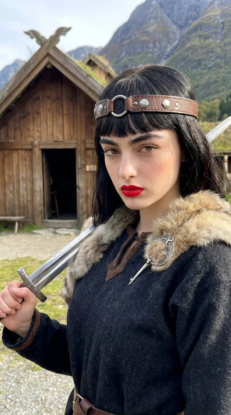 A woman dressed in Viking costume holding a sword next to wooden Viking-style houses with mountains in the background.