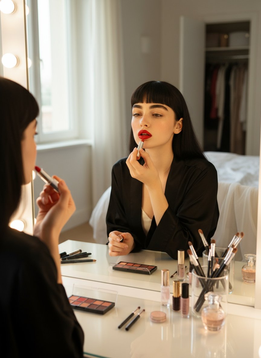 A woman with dark hair and bangs applying red lipstick in front of a mirror, with makeup products on the table.