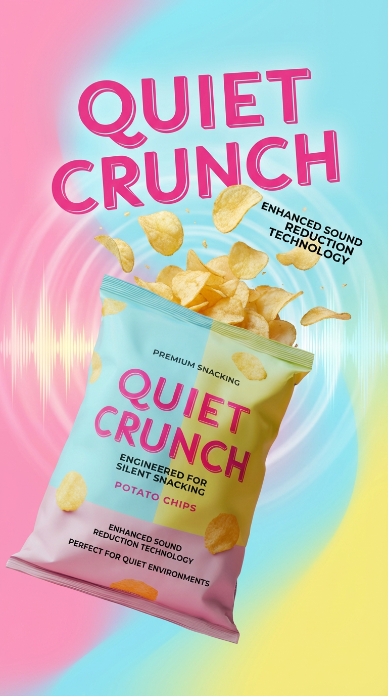 Package of Quiet Crunch potato chips with loose chips spilling out, vibrant pink, blue, and yellow background, and text highlighting sound reduction technology.