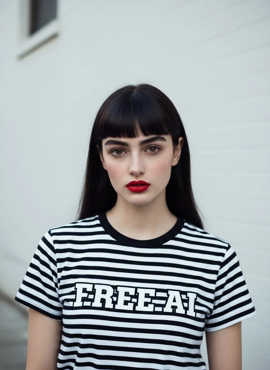 A young woman with long dark hair and bangs, wearing red lipstick and a black-and-white striped T-shirt that says 'FREE-AT' in bold letters, standing outdoors against a white wall.