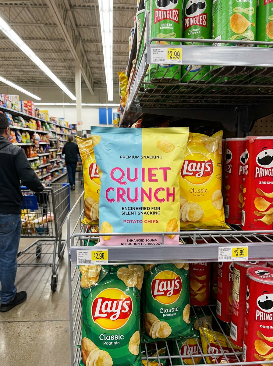 A grocery store shelf with bags of Lay's potato chips and Pringles cans, with people shopping in the background.