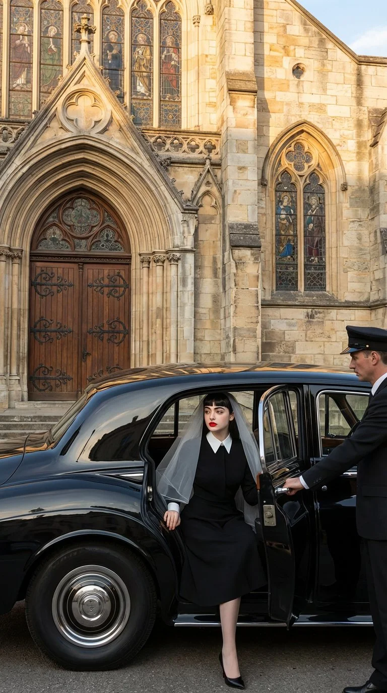 A woman dressed in black with a white collar and a veil is getting out of a black chauffeur-driven car in front of a Gothic church with stained glass windows.