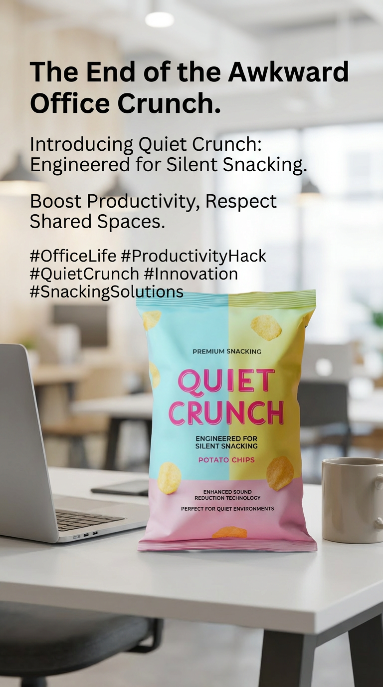 A bag of Quiet Crunch potato chips on a desk in an office setting, with text promoting the product and its benefits for silent snacking.
