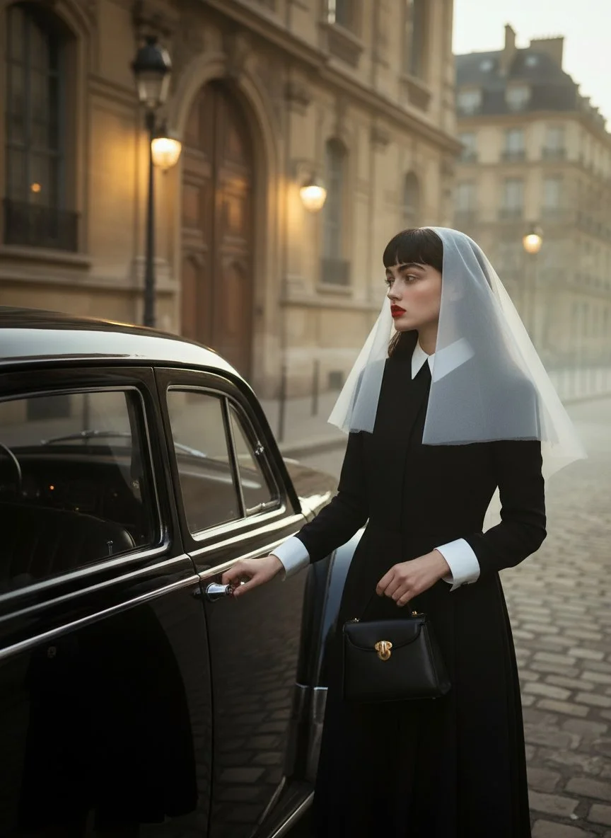 A woman in black dress and veil opens the door of a vintage black car on a cobblestone street with historic buildings and street lamps.