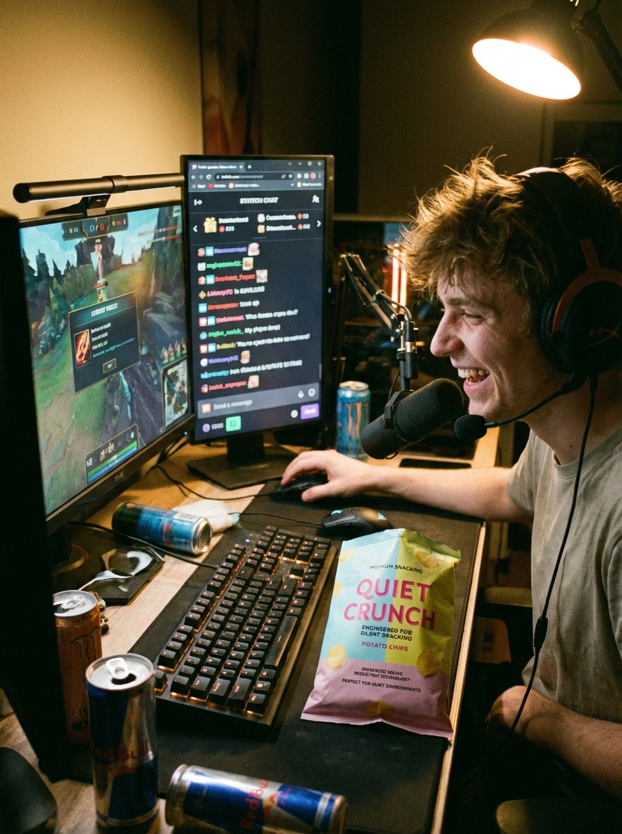 A young man with headphones and a microphone is gaming and streaming at his desk, smiling. There are two monitors, one showing a game and the other displaying a chat, with drinks and snacks on the desk.