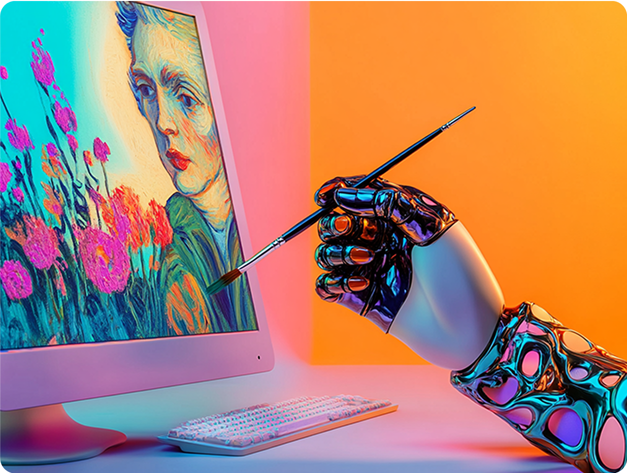 A robotic arm holding a paintbrush paints a colorful digital portrait on a computer screen, with a background of bright orange and pink hues.