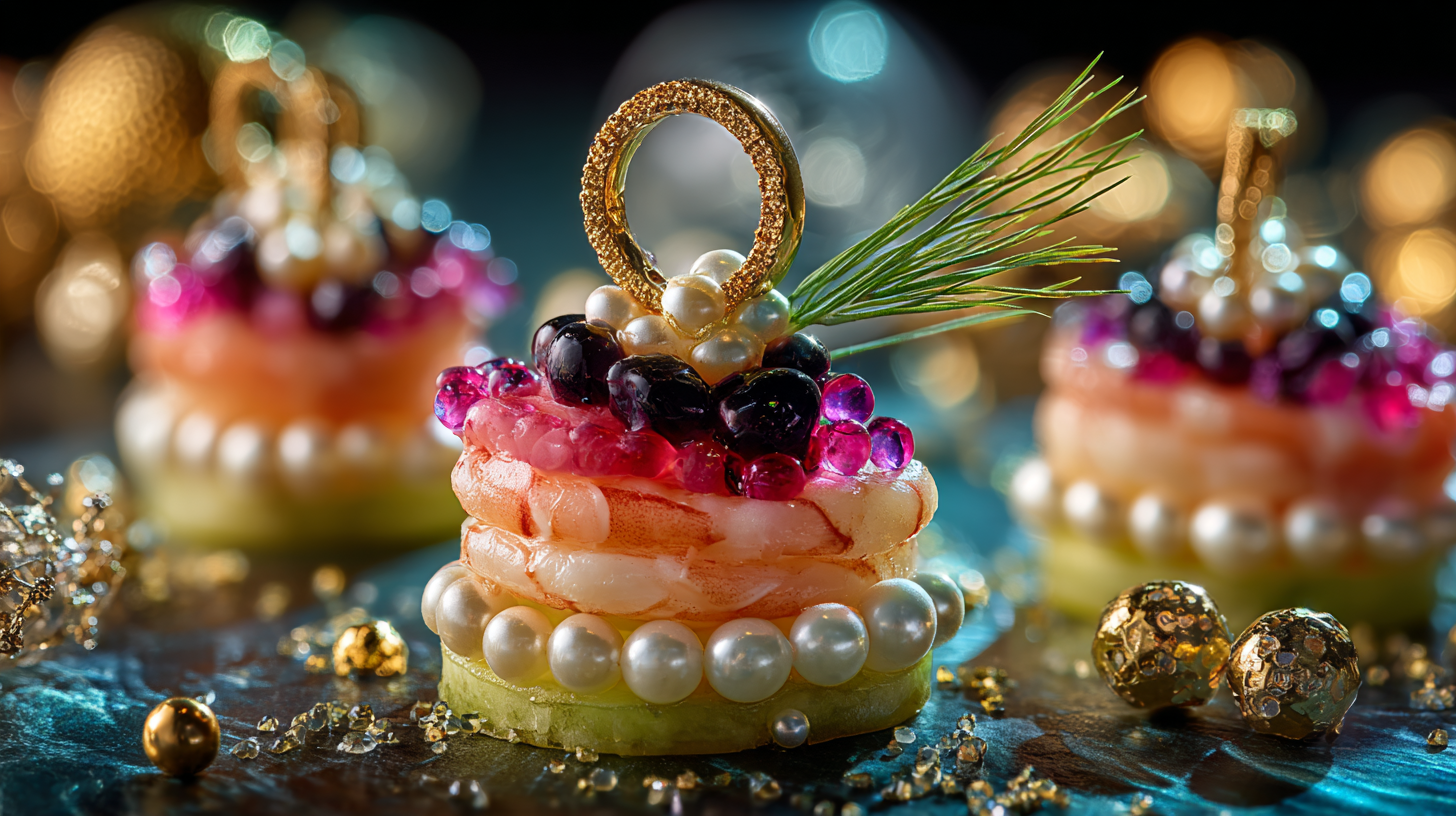 Decorative holiday ornaments resembling Christmas wreaths made from sliced fruit, pearls, berries, and a gold ring with a pine needle, surrounded by gold and crystal beads.