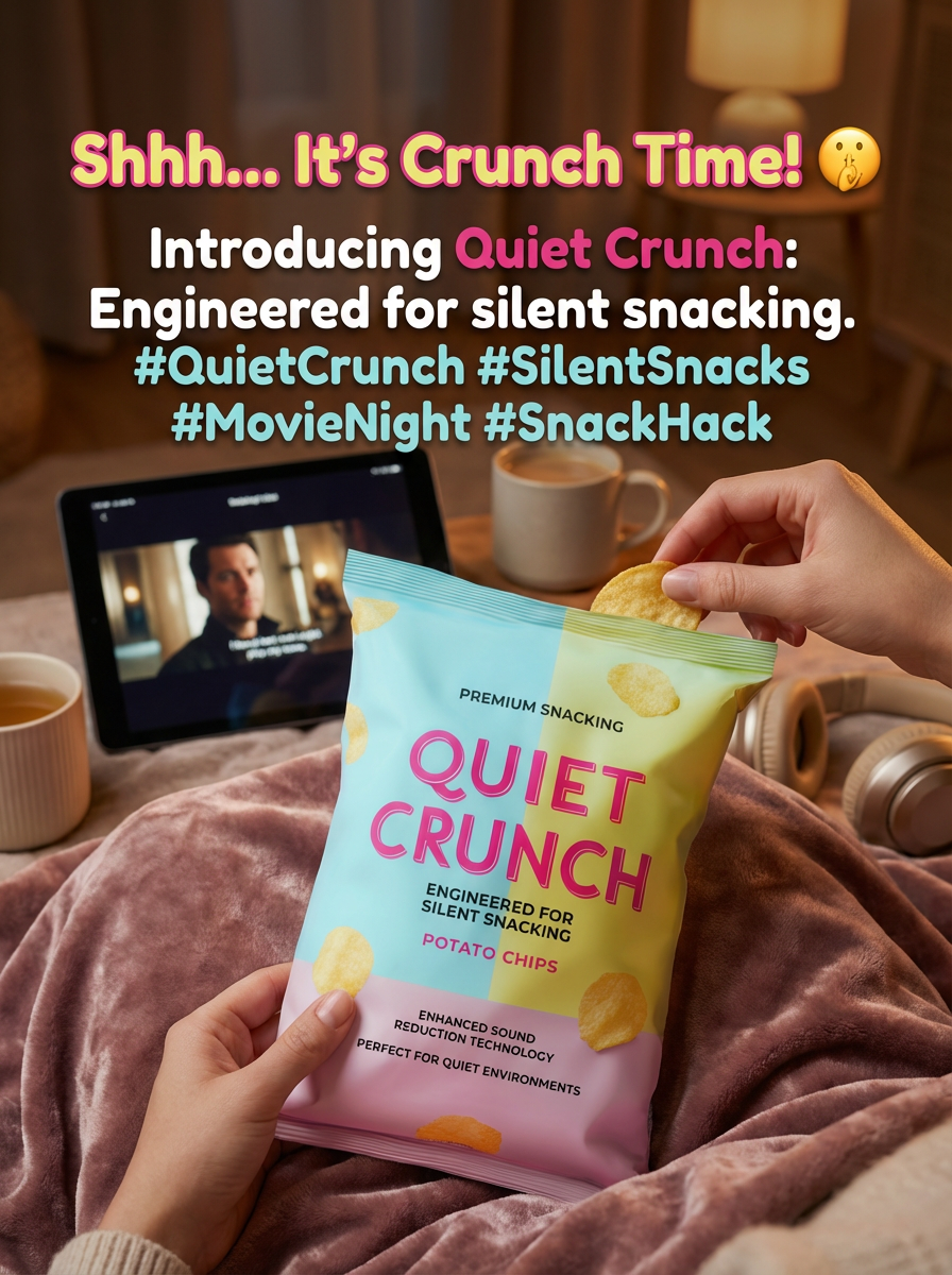 A person holding a bag of Quiet Crunch potato chips while sitting on a cozy blanket, watching a movie on a tablet, with cups of tea and over-ear headphones nearby in a warm, dimly lit room.