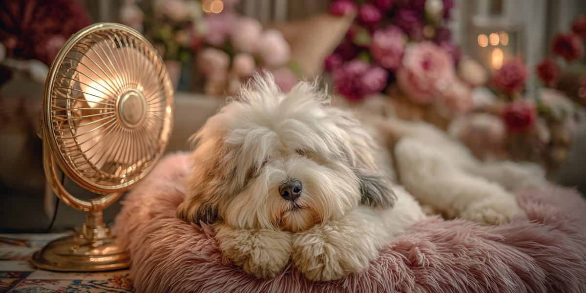 A fluffy white dog with gray patches resting on a pink fur blanket, next to a vintage-style rose gold fan, with a background of pink and red flowers.