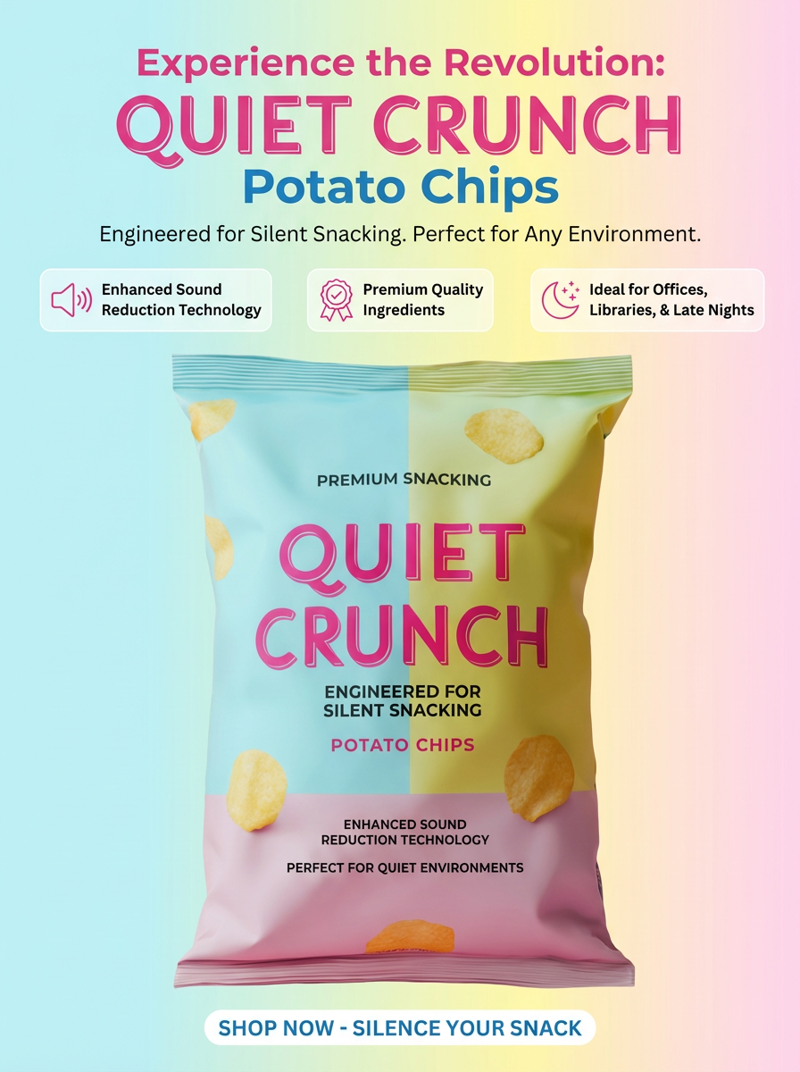 Colorful snack bag labeled 'Quiet Crunch' potato chips with text promoting silent snacking, enhanced sound reduction, premium ingredients, and suitability for quiet environments.