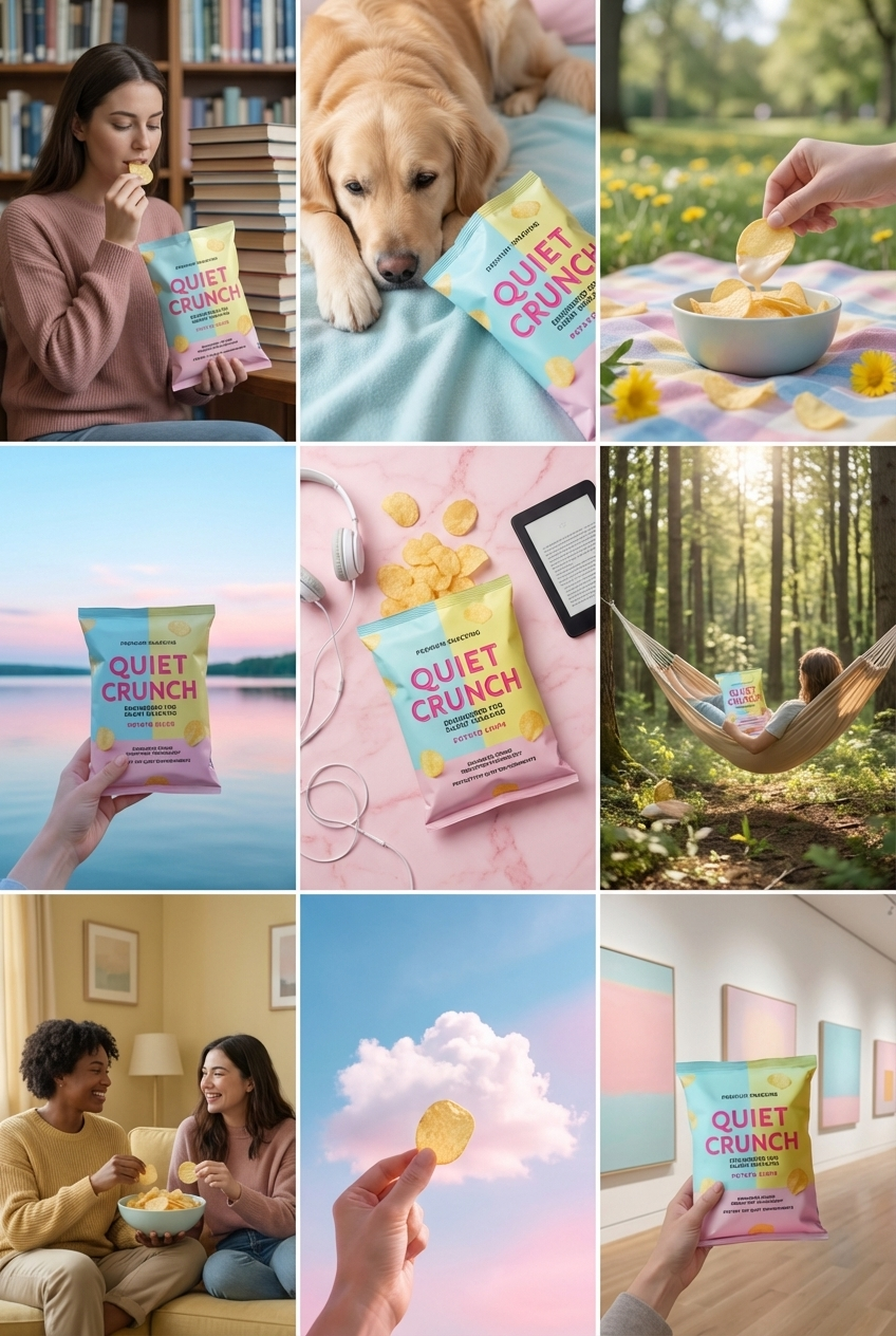 A collage of nine images featuring a product called Quiet Crunch potato chips in various outdoor and indoor settings. The scenes include people relaxing, a dog with the chips, a hammock in the woods, a sunset by a lake, and people enjoying the chips 