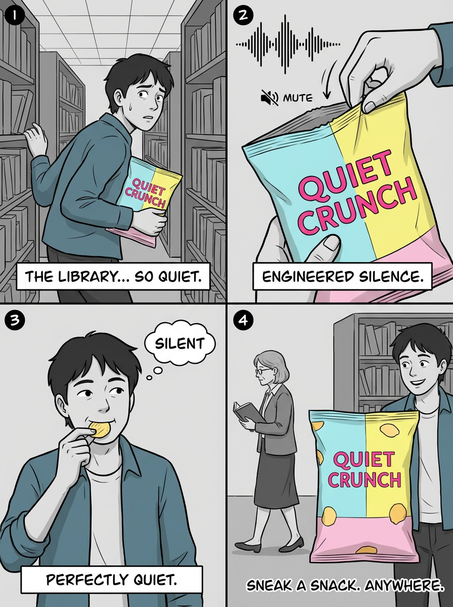 A four-panel comic strip depicting a young man in a library. In the first panel, he holds a bag labeled "Quiet Crunch" and comments on the quiet library. The second panel shows a close-up of the bag with a sound wave and mute icon, emphasizing silenc