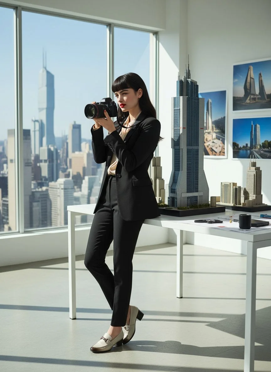 A woman in a black suit taking a photograph with a camera in an office with cityscape view, model skyscraper, and architectural photos on the wall.