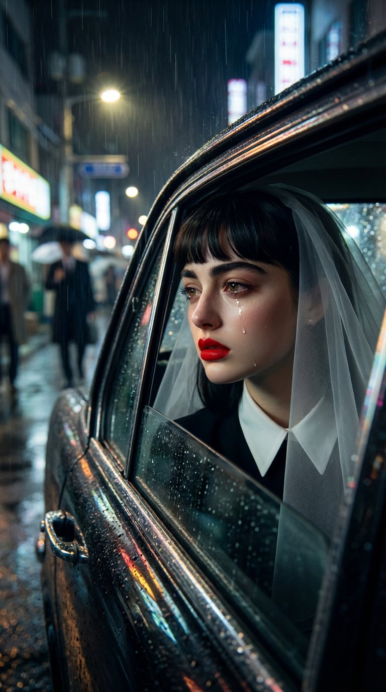 A woman with dark hair and red lipstick looks out of the car window on a rainy night, with tears running down her face.