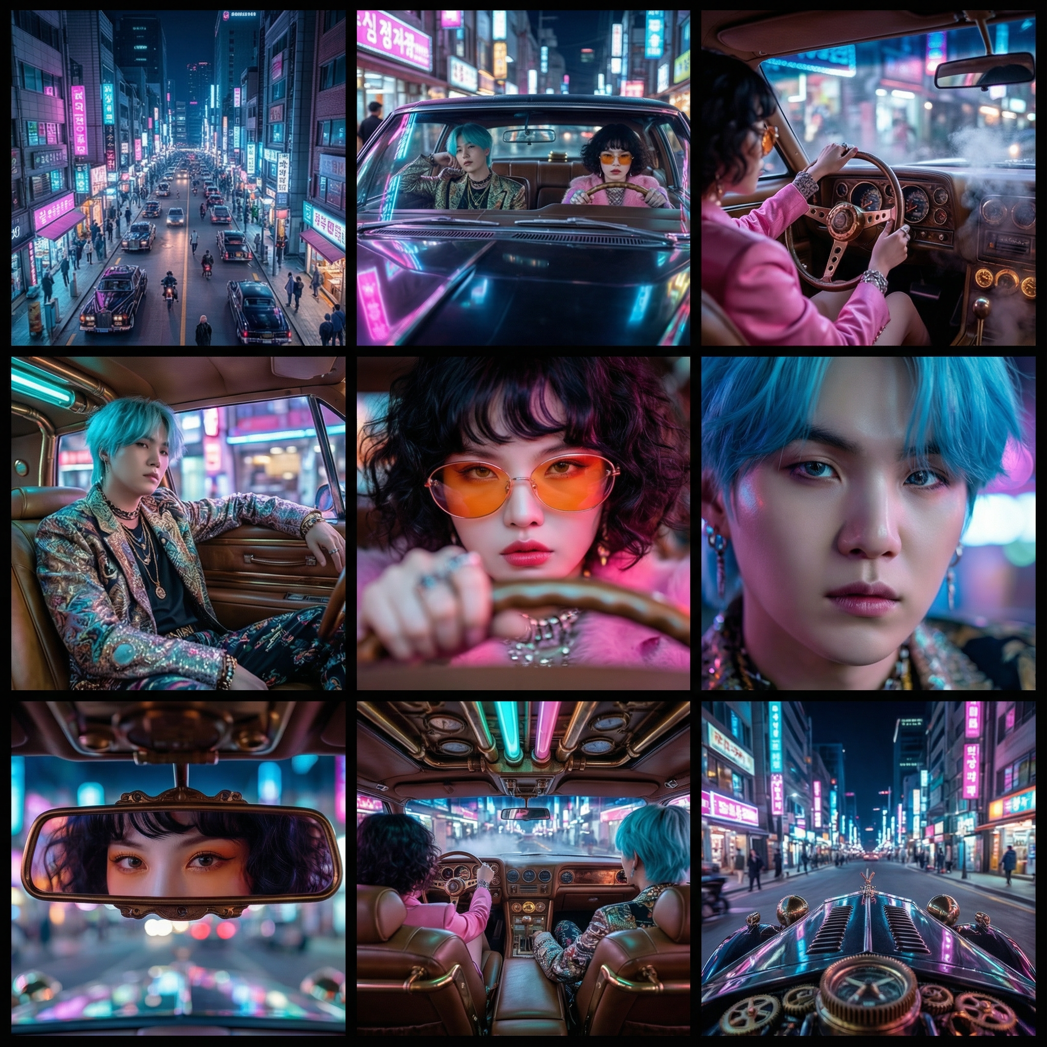 A collage of nine images depicting a neon-lit city at night with vintage cars and stylish young people with colorful hair and fashionable clothing, driving and sitting inside the car.