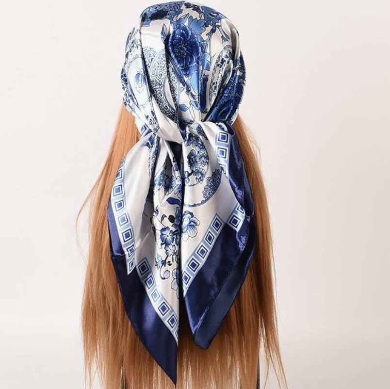 Navy Pattern Silk Head Scarf, $7